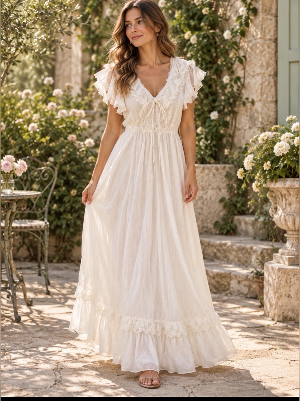 White Ruffled V-Neck Bridal Gown vintage dress size s